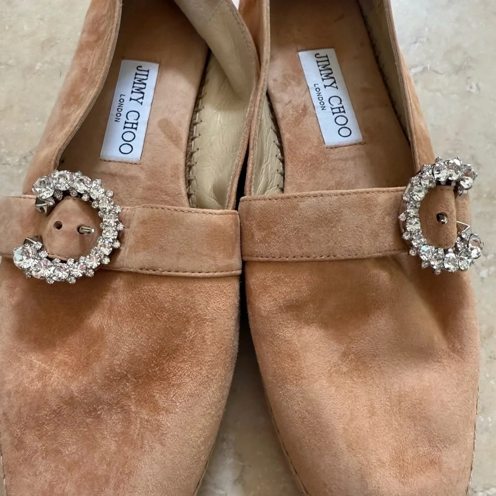 JIMMY CHOO Dru Crystal Embellished Suede Espadrilles Beige Sz 38 EU/8 US